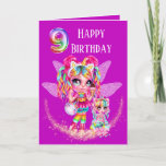 Cartão Cute fairy ninth birthday rainbow anime magic<br><div class="desc">A beautiful and magical blue eyed fairy girl with long rainbow colored hair and matching outfit is holding an ice cream cone and the cutest little unicorn handbag. She is standing on a faux shiny and sparkling trail of fairy dust that is set against a pretty purple background that has...</div>