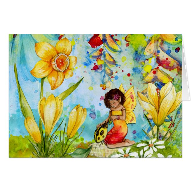 Cartão Cute Fairy With A Ladybug Greeting Card (Frente Horizontal)