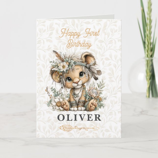 Cartão Cute floral lion Happy 1st Birthday Greeting Card (Frente)