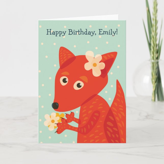 Cartão Cute Fox And Flowers Happy Birthday Name (Frente)