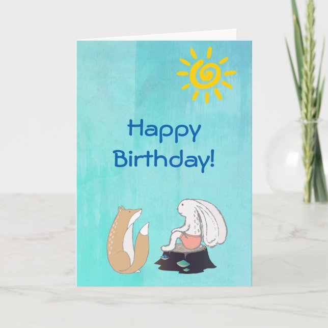 Cartão Cute Fox and Rabbit Illustration Happy Birthday (Frente)