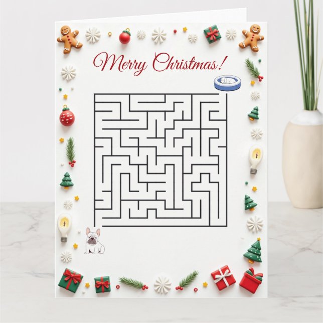 Cartão Cute French BullDog Christmas Maze Puzzle Holiday (Frente)