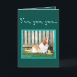 Cartão Cute & Funny Basset Hound On Birthday Card w/Cake<br><div class="desc">Cute & Funny Basset Hound On Birthday Card w/Cake</div>