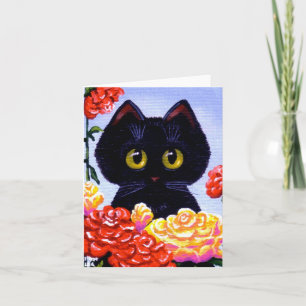 Cartão Cute Funny Black Cat Roses Flowers Creationarts