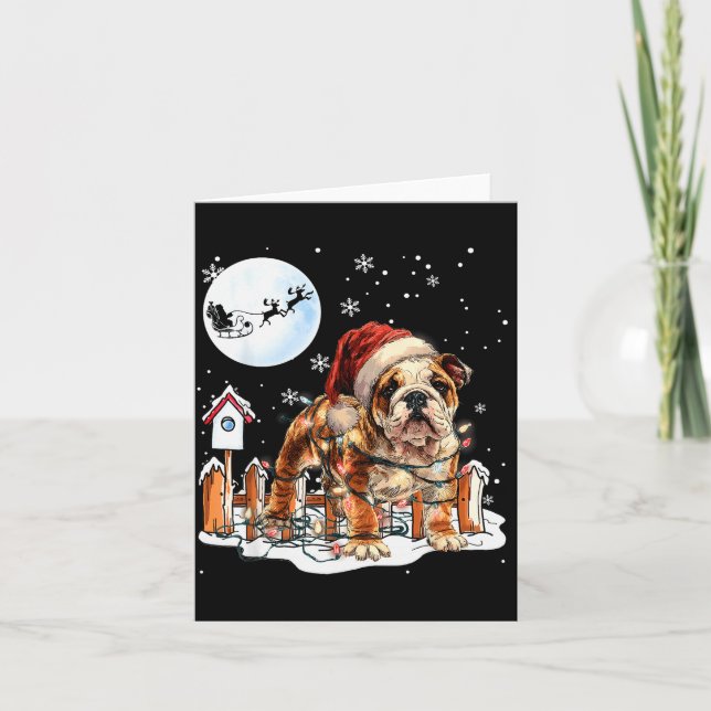 Cartão Cute Funny English Bulldog Christmas Lights Santa  (Frente)