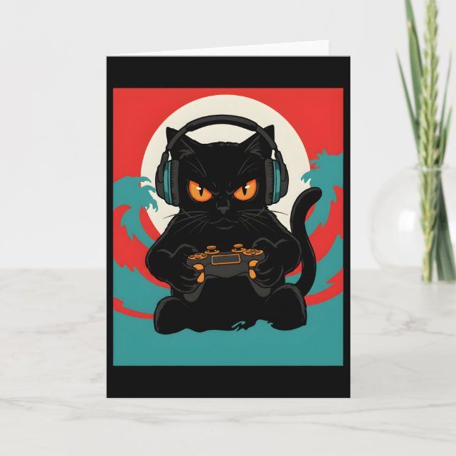 Cartão Cute Gamer Cat Headset Retro Console Night Scene (Frente)