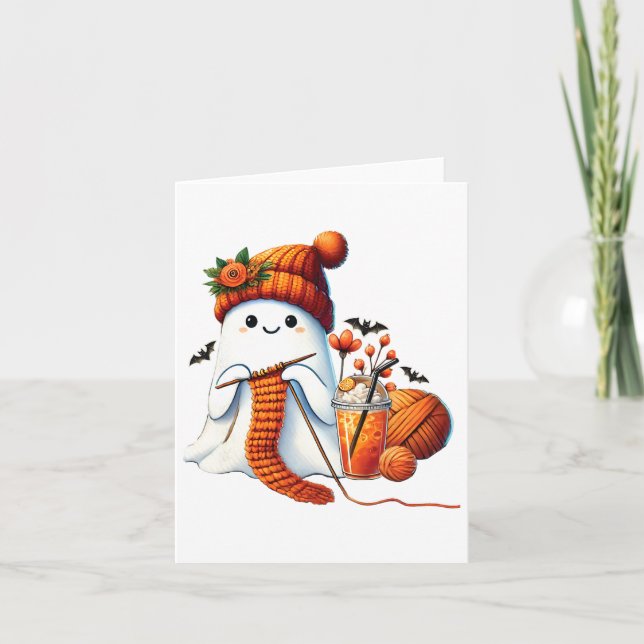 Cartão Cute Ghost Crochet Knitting Amante Café de Hallowe (Frente)