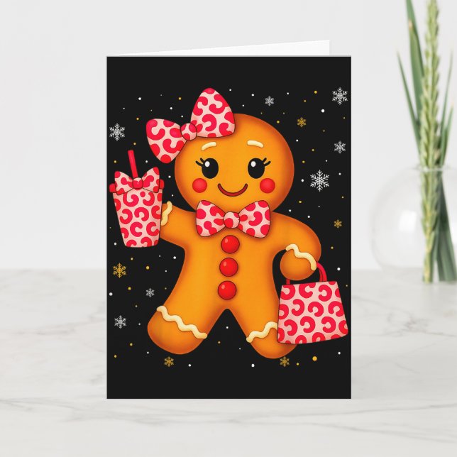 Cartão Cute Gingerbread Leopard Bow Christmas Xmas Girl W (Frente)
