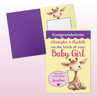 Cartão Cute giraffe add names pink purple baby girl