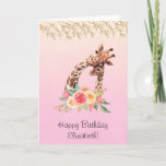Cartão Cute Giraffe Watercolor Mom & Baby Birthday<br><div class="desc">Happy birthday greeting card with a cute drawing in watercolors of a mom and baby giraffe. The mother giraffe is resting her head on top of the baby giraffe, loving and adorable. Pretty pink, yellow, green watercolor flower bouquet placed underneath this darling pair. Decorative leaves hang down from the top....</div>