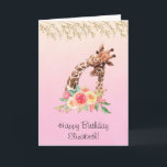 Cartão Cute Giraffe Watercolor Mom & Baby Birthday<br><div class="desc">Happy birthday greeting card with a cute drawing in watercolors of a mom and baby giraffe. The mother giraffe is resting her head on top of the baby giraffe, loving and adorable. Pretty pink, yellow, green watercolor flower bouquet placed underneath this darling pair. Decorative leaves hang down from the top....</div>