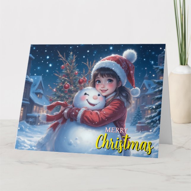 Cartão Cute Girl And Snowman Christmas Card (Frente)