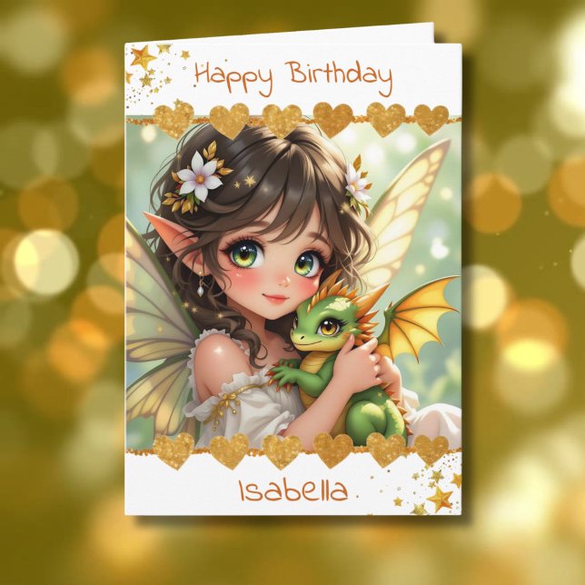 Cartão Cute Girl's Fairy and Dragon Themed Birthday (Criador carregado)