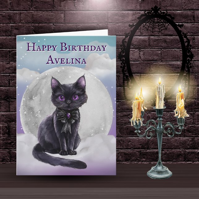 Cartão Cute Gothic Black Cat Full Moon Birthday Card (Criador carregado)