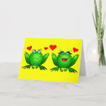 Cartão Cute Green Cartoon Frogs Love Hearts Yellow Blank<br><div class="desc">Cartoon frogs,  male and female green frogs,  cute,  funny and expressive,  red hearts,  cheerful yellow background,  blank interior. Hoppy blessings from Happy Wishing Well dot com.</div>