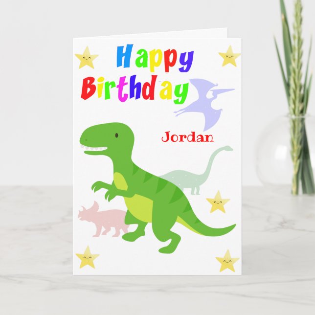 Cartão Cute Green Dinosaur T Rex Happy Birthday (Frente)