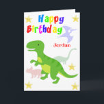 Cartão Cute Green Dinosaur T Rex Happy Birthday<br><div class="desc">A fun Dinosaur birthday card with a cartoon baby T Rex, Triceratops, Pterodactyl and a Apatosaurus dinosaurs and stars with a colorful Happy Birthday text. A cute design for Kids who love Dinosaurs Can be personalized by amending the name of the front of the card to that special boy or...</div>