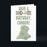 Cartão Cute Green Dinosaur Young Child's Birthday<br><div class="desc">Wish your favorite young dinosaur fan a happy birthday with this Dino-Mite greeting card featuring a personalized message and an adorable illustration of a baby dinosaur in green and yellow. Use the template field to add your own name and a custom greeting to the inside of this card.</div>