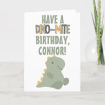 Cartão Cute Green Dinosaur Young Child's Birthday<br><div class="desc">Wish your favorite young dinosaur fan a happy birthday with this Dino-Mite greeting card featuring a personalized message and an adorable illustration of a baby dinosaur in green and yellow. Use the template field to add your own name and a custom greeting to the inside of this card.</div>