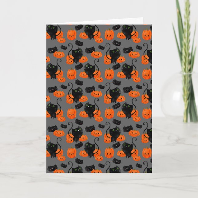 Cartão Cute Halloween cat with pumpkins (Frente)