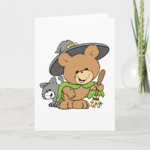 Cartão cute halloween witch with black cat teddy bear des