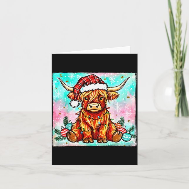 Cartão Cute Highland Cow Christmas Lights Merry Xmas Cows (Frente)