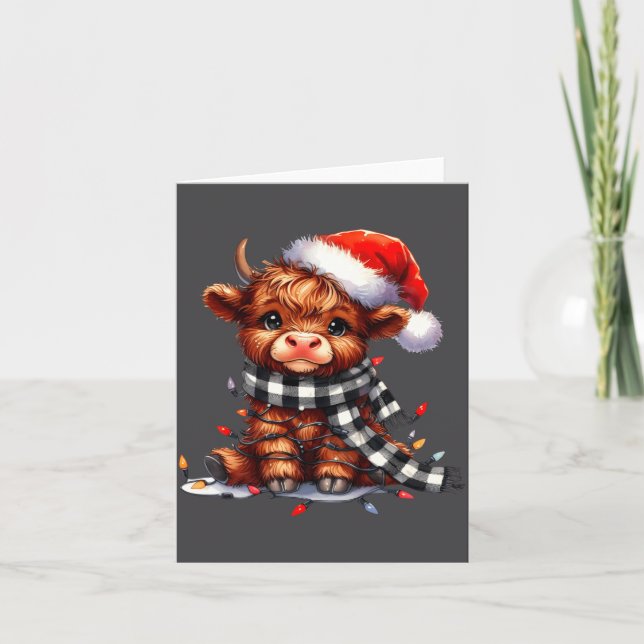 Cartão Cute Highland Cow Christmas Lights Santa Hat Winte (Frente)