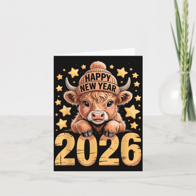 Cartão Cute Highland Cow Happy New Year 2026 Tee Funny An (Frente)