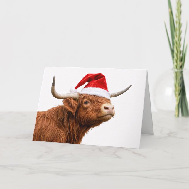 Cartão Cute Highland Cow with Santa Hat Christmas (Frente)