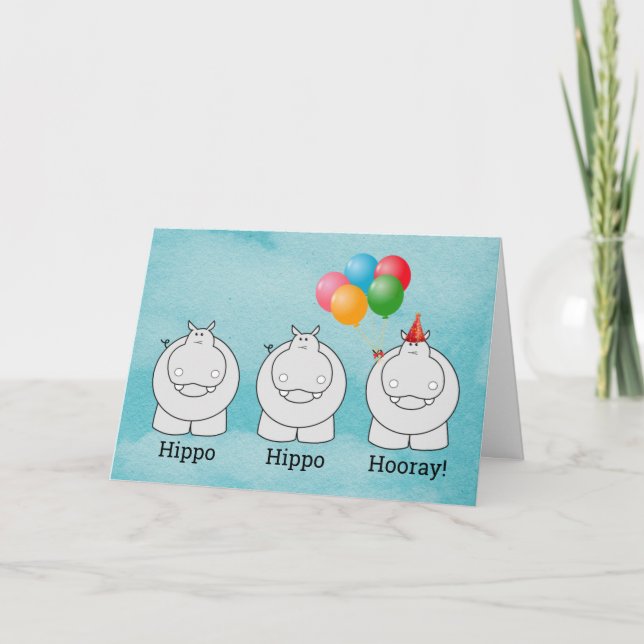 Cartão Cute Hippo Hippo Hooray Balloons Birthday (Frente)