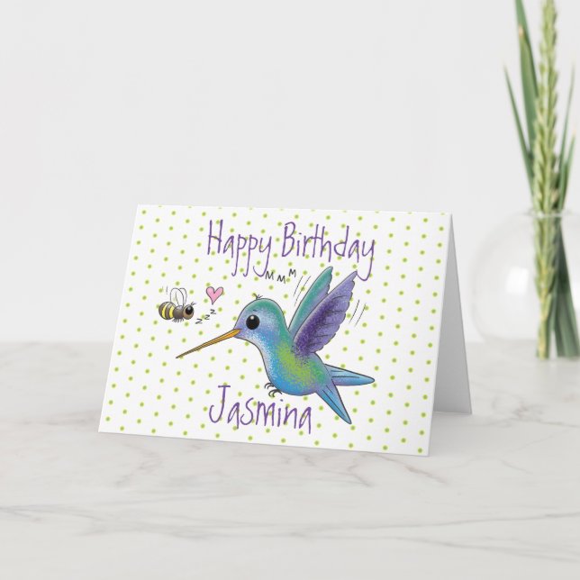 Cartão Cute hummingbird and bee cartoon illustration (Frente)