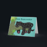 Cartão Cute jaguar black panther cat cartoon illustration<br><div class="desc">Wake up for your birthday! This happy black jaguar is sleeping up in a tree. Drawn in cute cartoon illustration style on a teal background.</div>