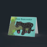 Cartão Cute jaguar black panther cat cartoon illustration<br><div class="desc">Wake up for your birthday! This happy black jaguar is sleeping up in a tree. Drawn in cute cartoon illustration style on a teal background.</div>