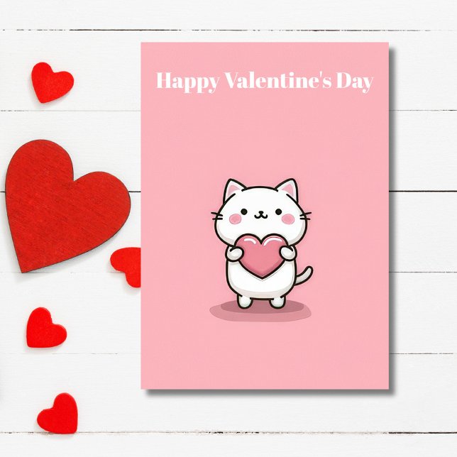 Cartão Cute Kawaii Cat with Heart Valentine`s Day Card  (Criador carregado)