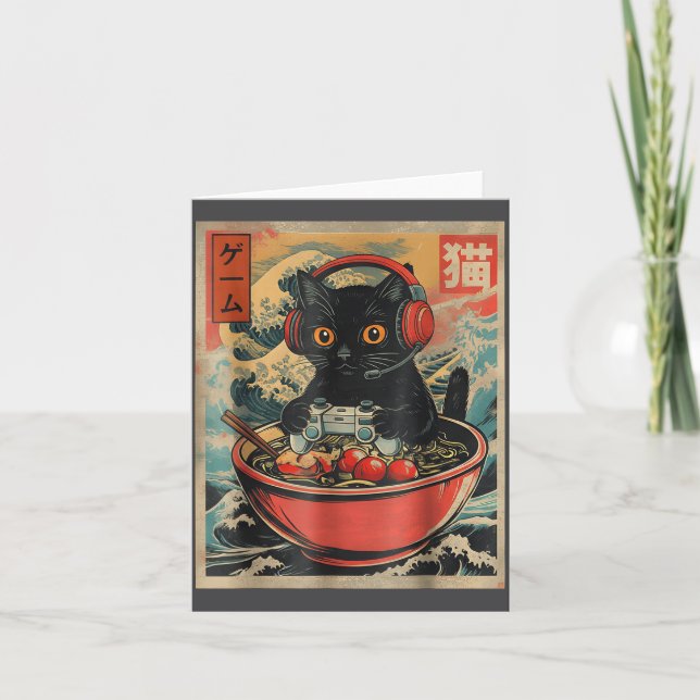 Cartão Cute Kawaii Gamer Cat Funny Ramen Retro Japanese C (Frente)
