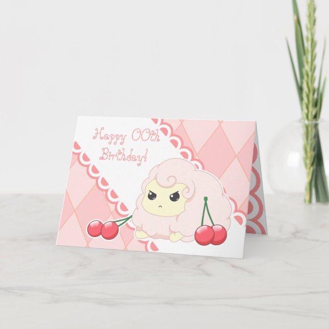 Cartão Cute kawaii pink sheep with cherries birthday card (Frente)