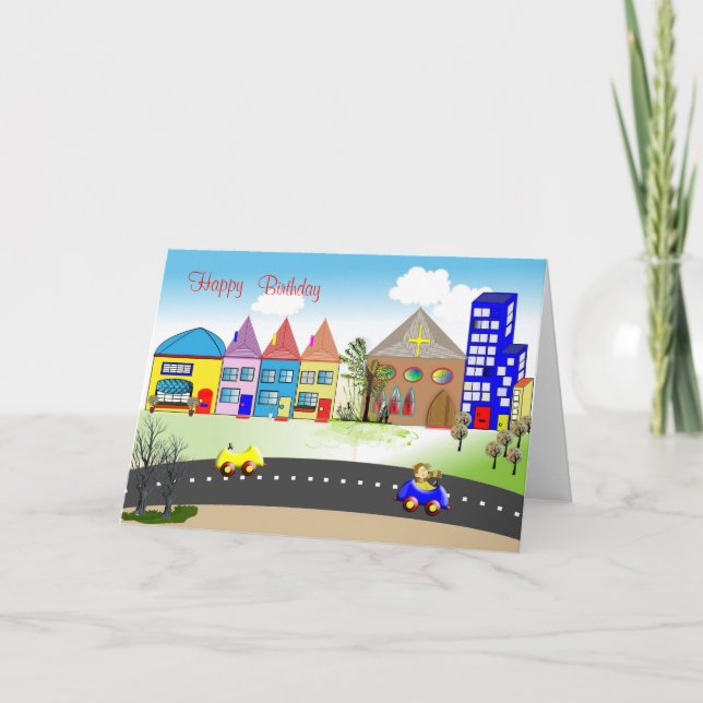 Cartão Cute Kids Birthday Card Colorful Little Town (Frente)