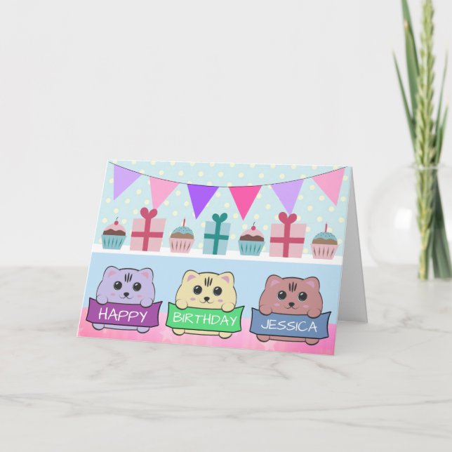 Cartão Cute Kittens Personalised Happy Birthday (Frente)