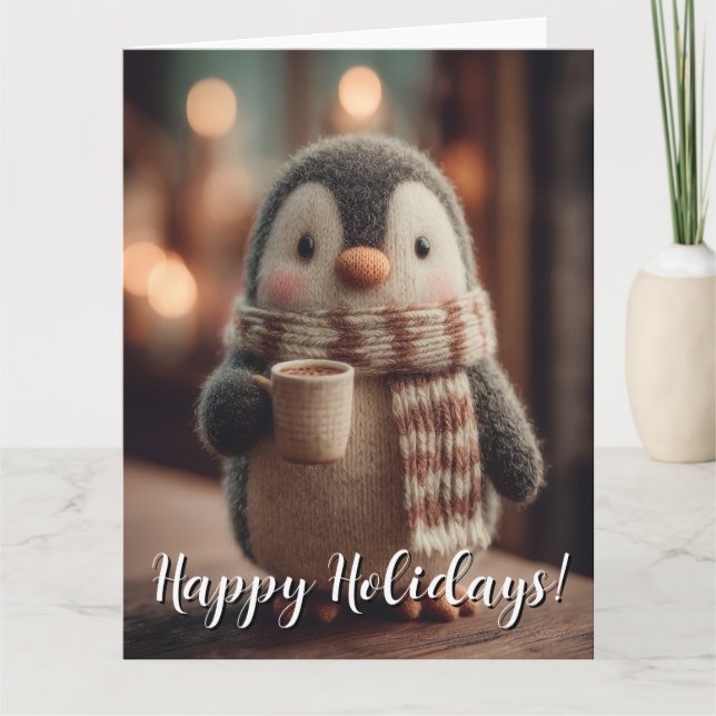 Cartão Cute Knitted Penguin Doll in Scarf Holding Mug (Frente)