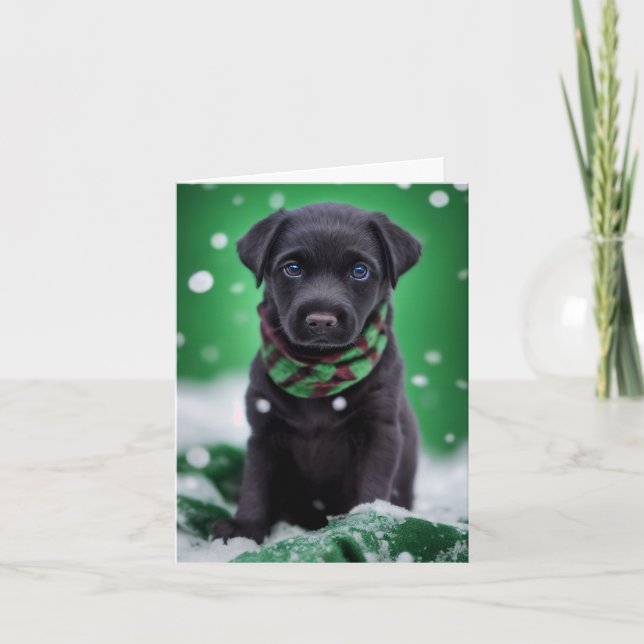 Cartão Cute Labrador Puppy em uma bola verde de inverno (Frente)