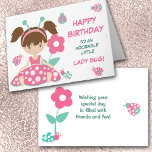 Cartão Cute Ladybug Girl Birthday<br><div class="desc">This cute birthday card for a little girl features an adorable little girl dressed in a pink and white polka dot dress and wearing teal and pink antennae. Little polka dot lady bugs and a pink flower are beside her. Your custom text is in pink and dark teal green at...</div>