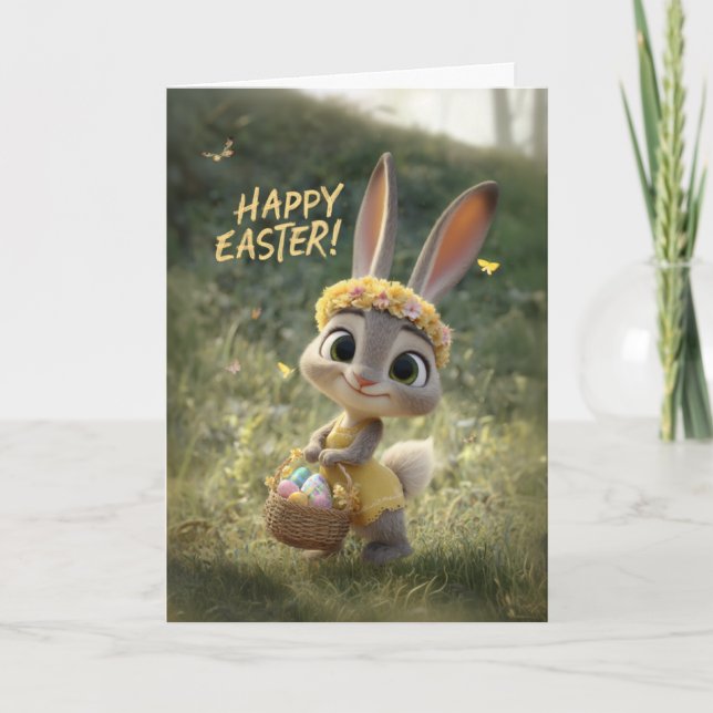 Cartão Cute Little Baby Bunny in a Yellow Dress Easter (Frente)
