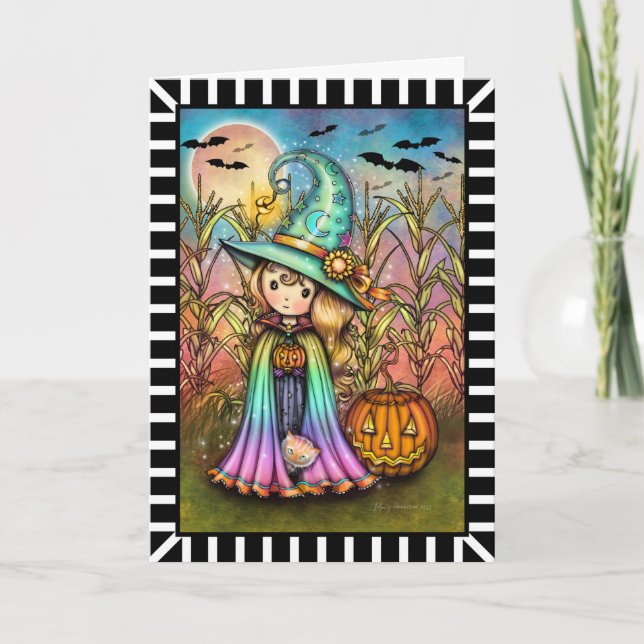 Cartão Cute Little Witch and Cat Halloween (Frente)