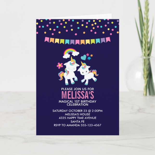 Cartão Cute Magical Unicorns with a Rainbow Birthday (Frente)