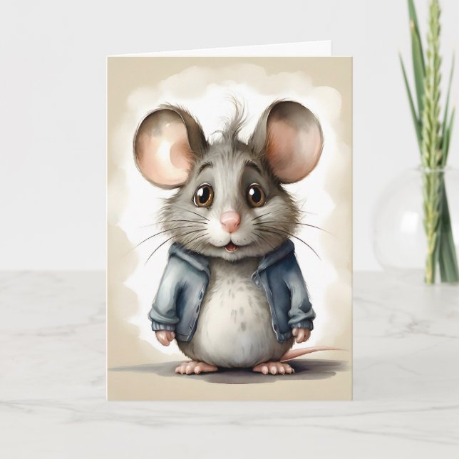 Cartão Cute Mouse Blue Jacket Portrait Blank Cumprimento  (Frente)