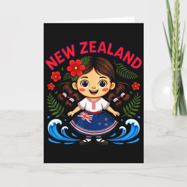 Cartão Cute New Zealand Girl With Fern And Waves Dor Kids (Frente)