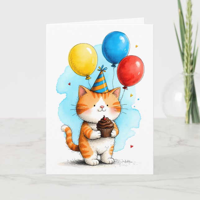 Cartão Cute Orange Cat with Cupcake Kid's Happy Birthday (Frente)