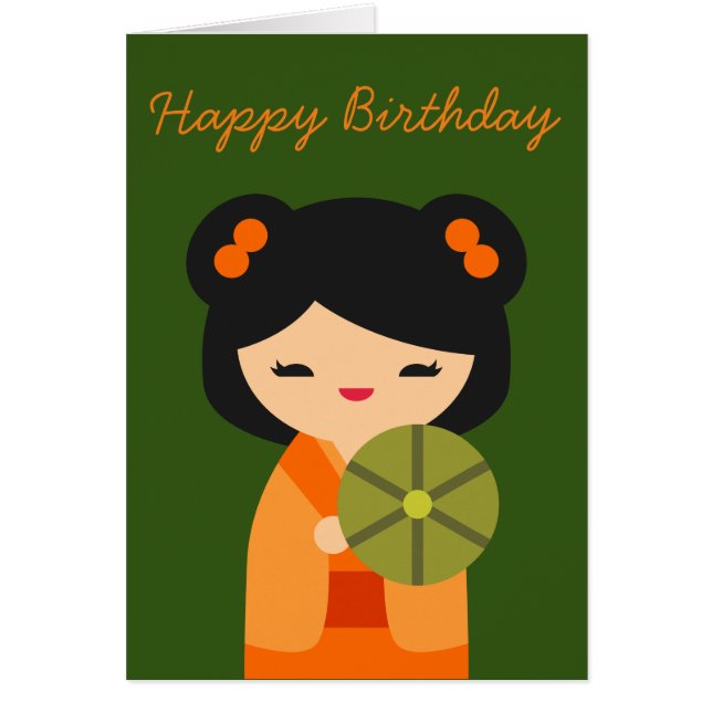 Cartão Cute orange Kokeshi Japanese doll (Frente)