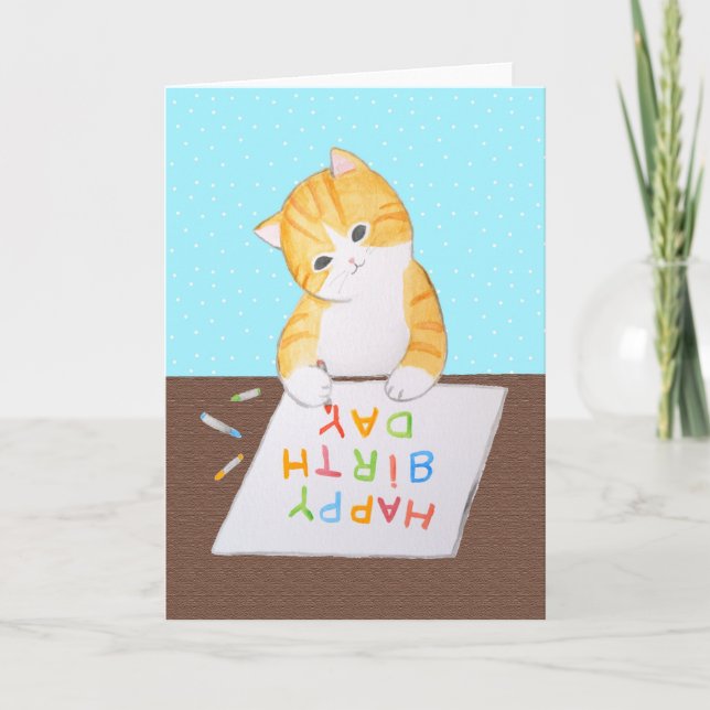 Cartão Cute orange Tabby Cat Writing Happy Birthday (Frente)
