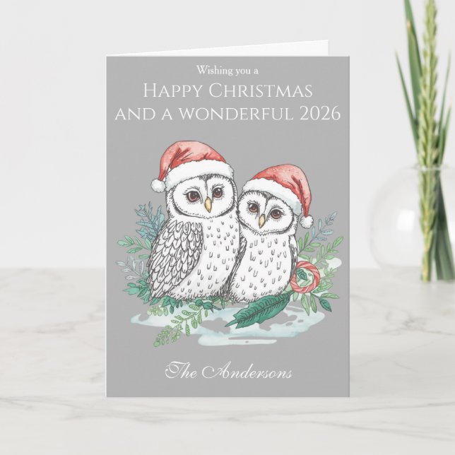 Cartão Cute Owl Family Christmas Card – Woodland Owls (Frente)